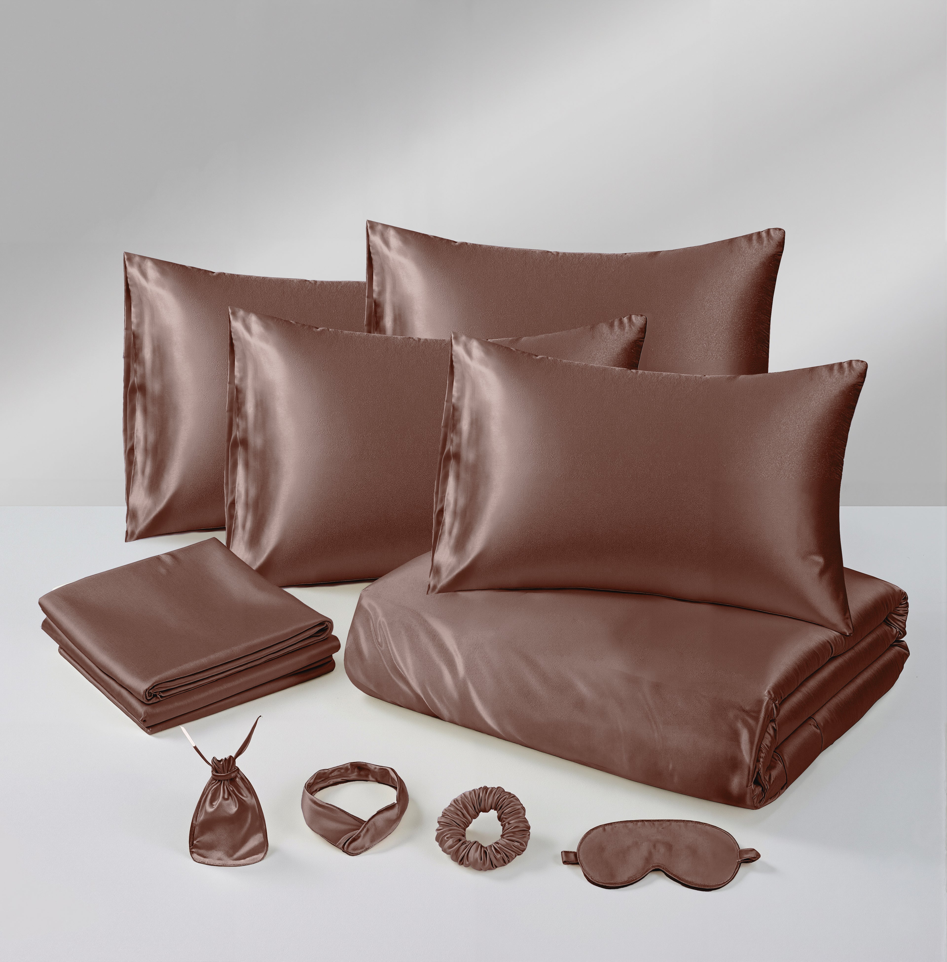 MillPrice Luxury 10 Piece Satin Bedding Set Duvet Cover Fitted Sheet Pillowcases Sleep Mask & Hair Accessories