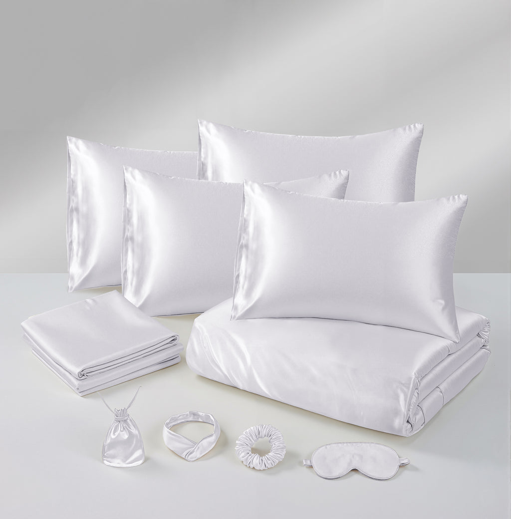 MillPrice Luxury 10 Piece Satin Bedding Set Duvet Cover Fitted Sheet Pillowcases Sleep Mask & Hair Accessories