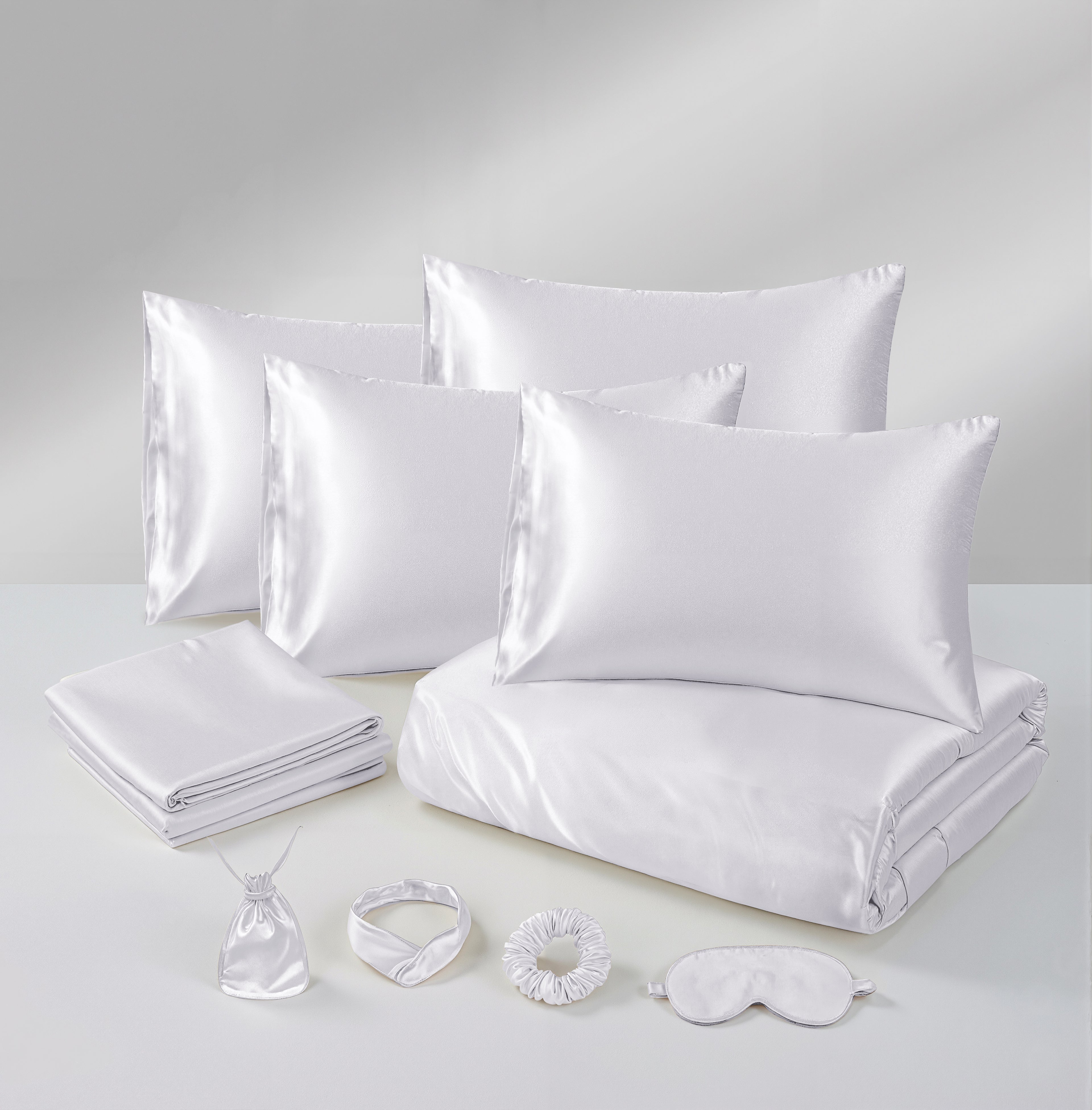 MillPrice Luxury 10 Piece Satin Bedding Set Duvet Cover Fitted Sheet Pillowcases Sleep Mask & Hair Accessories