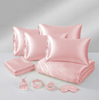 MillPrice Luxury 10 Piece Satin Bedding Set Duvet Cover Fitted Sheet Pillowcases Sleep Mask & Hair Accessories