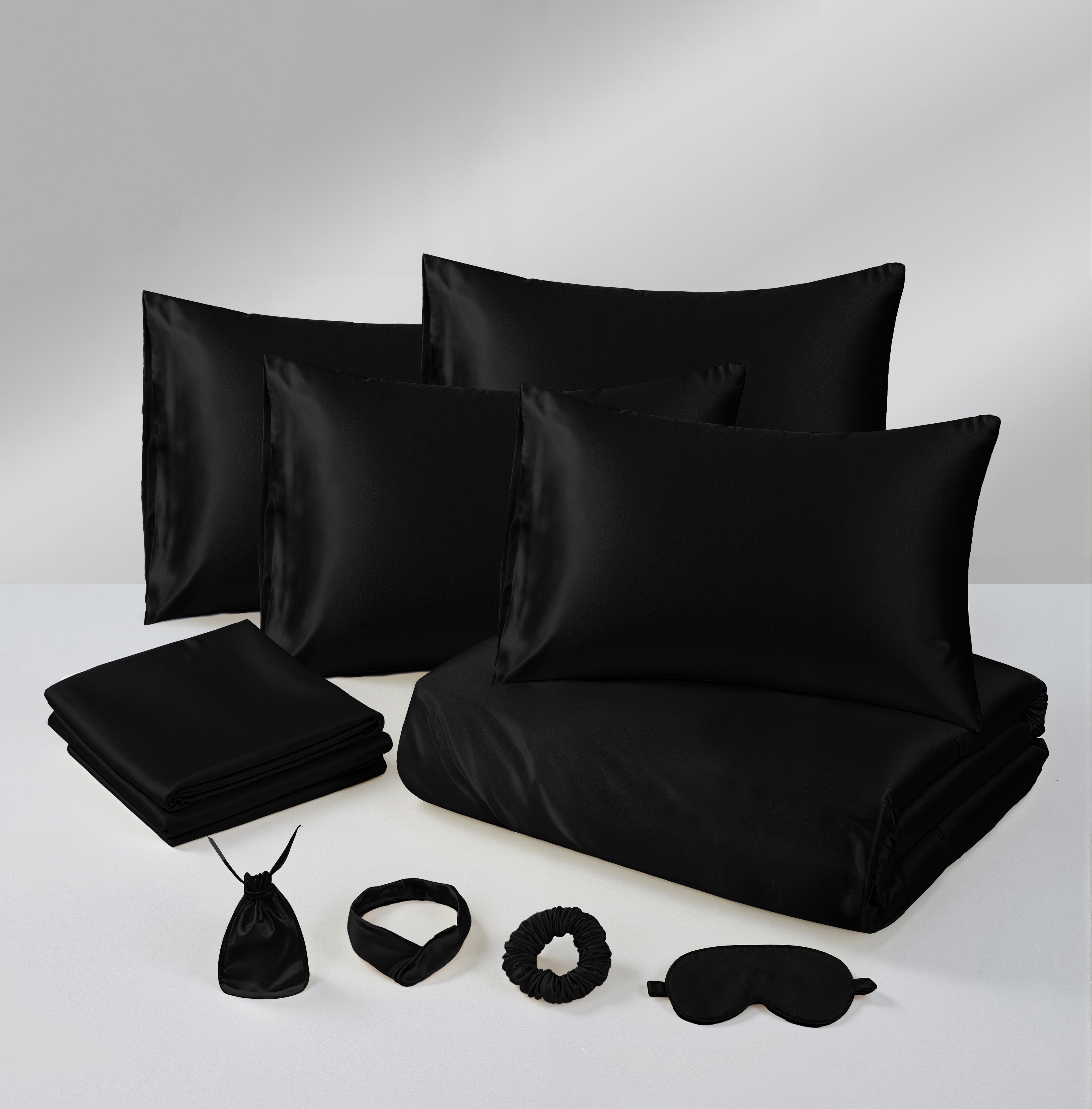 MillPrice Luxury 10 Piece Satin Bedding Set Duvet Cover Fitted Sheet Pillowcases Sleep Mask & Hair Accessories