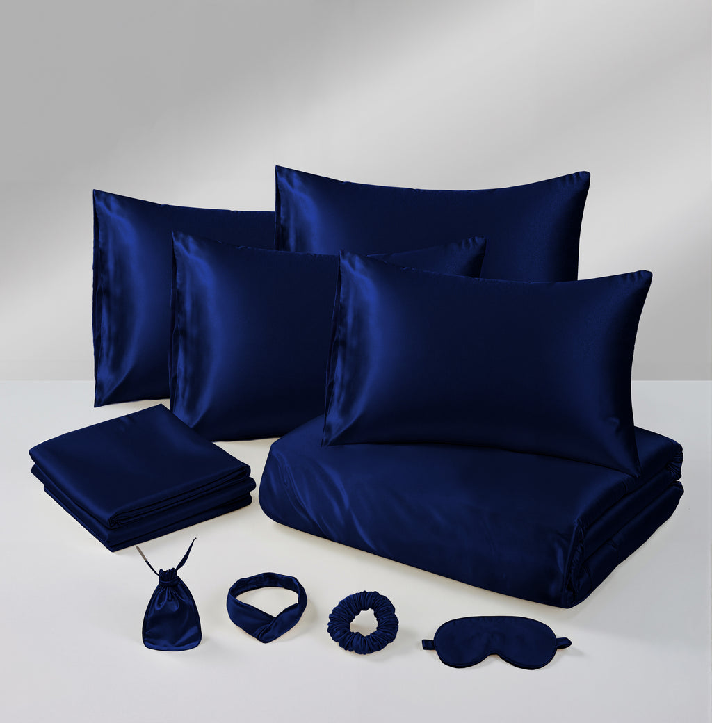 MillPrice Luxury 10 Piece Satin Bedding Set Duvet Cover Fitted Sheet Pillowcases Sleep Mask & Hair Accessories