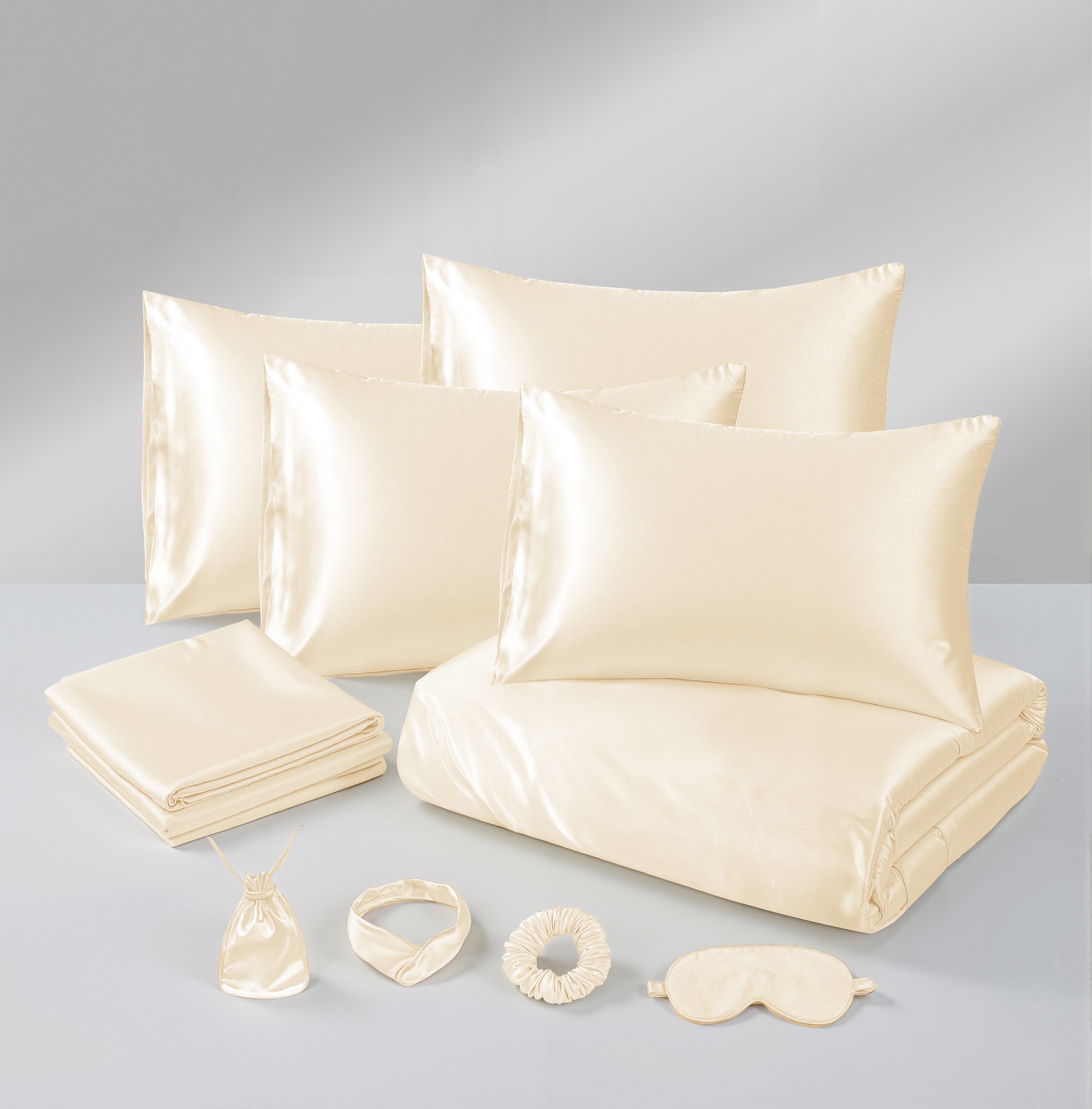 MillPrice Luxury 10 Piece Satin Bedding Set Duvet Cover Fitted Sheet Pillowcases Sleep Mask & Hair Accessories