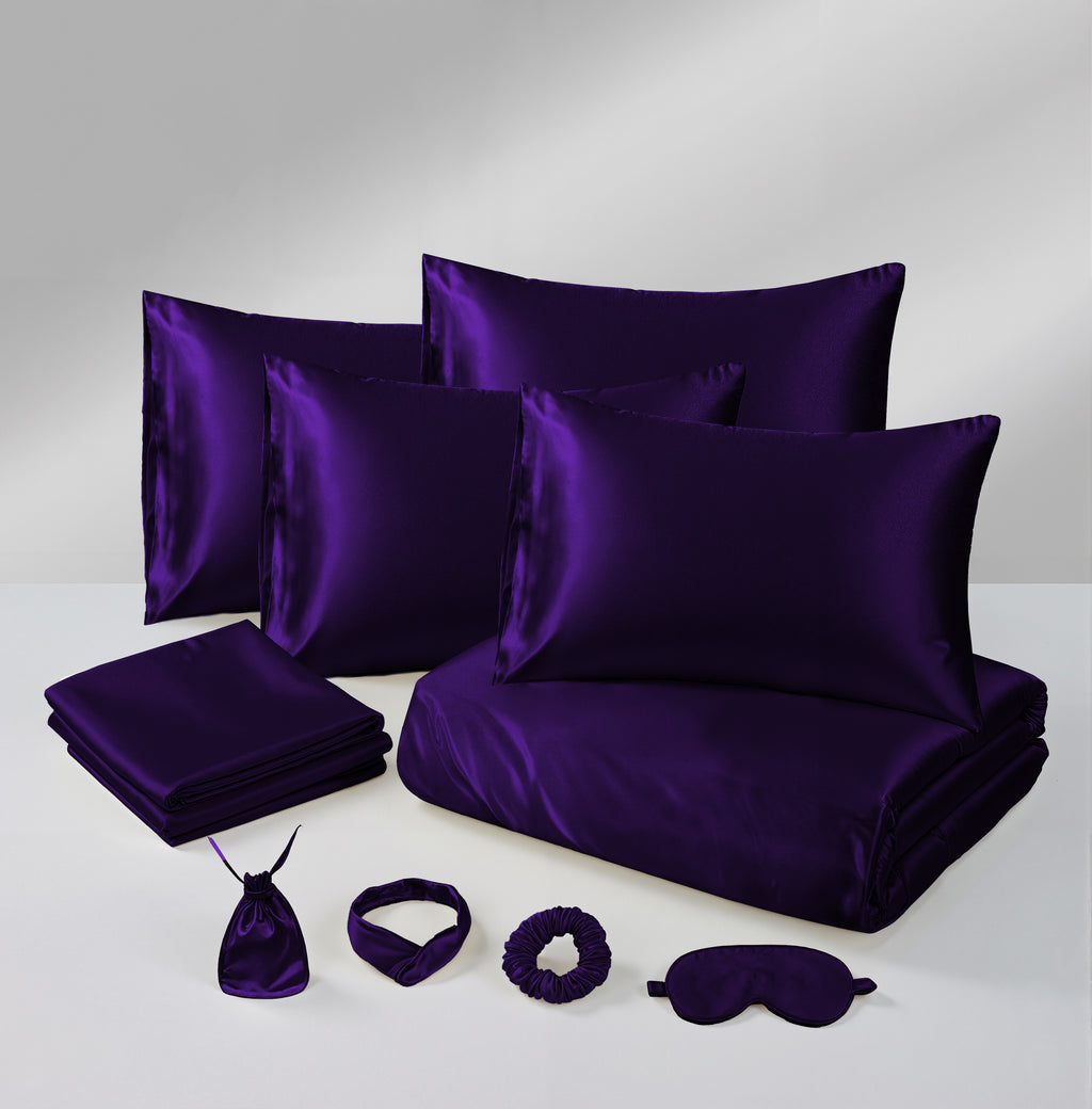 MillPrice Luxury 10 Piece Satin Bedding Set Duvet Cover Fitted Sheet Pillowcases Sleep Mask & Hair Accessories