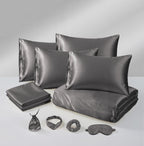 MillPrice Luxury 10 Piece Satin Bedding Set Duvet Cover Fitted Sheet Pillowcases Sleep Mask & Hair Accessories
