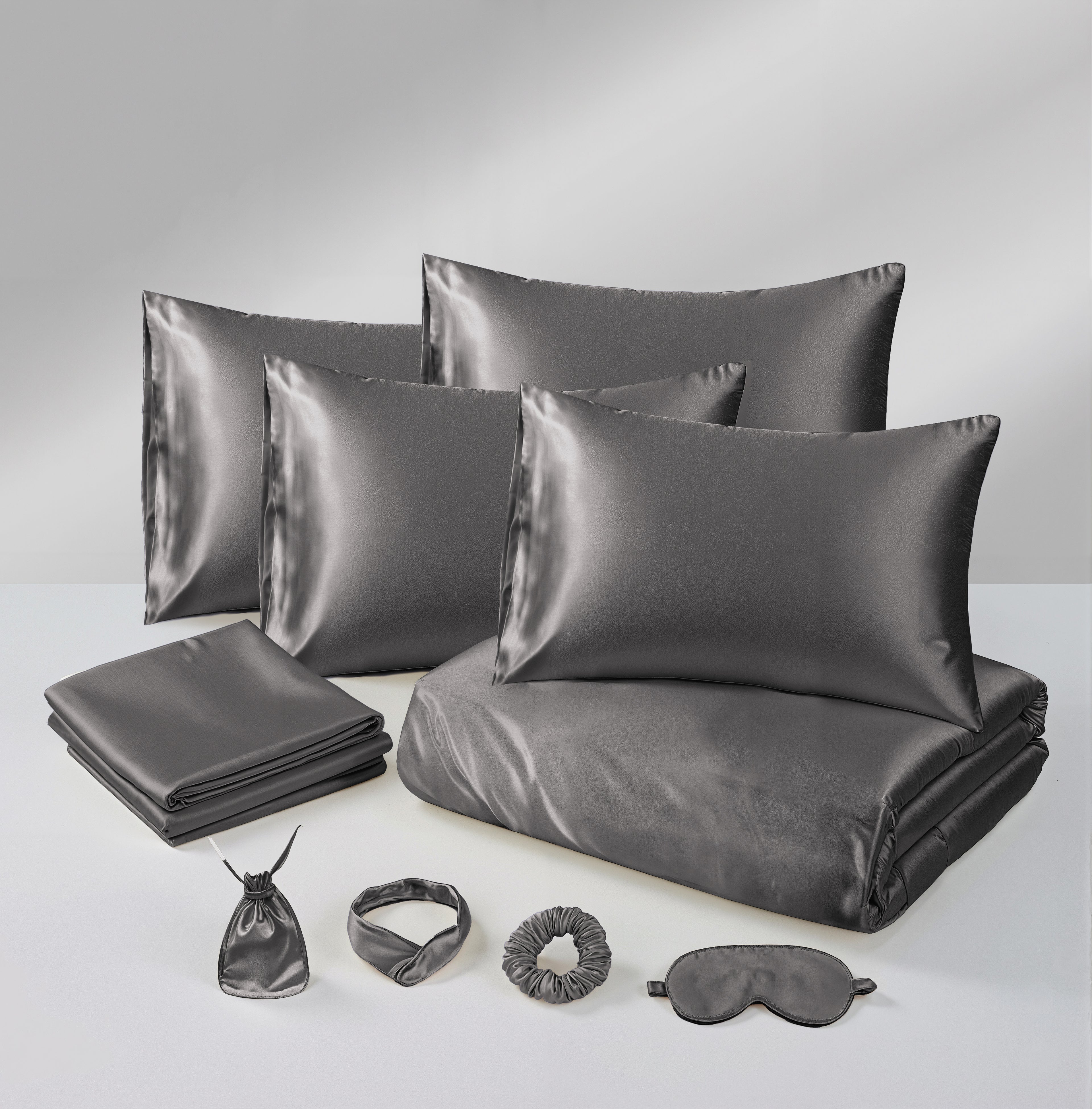 MillPrice Luxury 10 Piece Satin Bedding Set Duvet Cover Fitted Sheet Pillowcases Sleep Mask & Hair Accessories