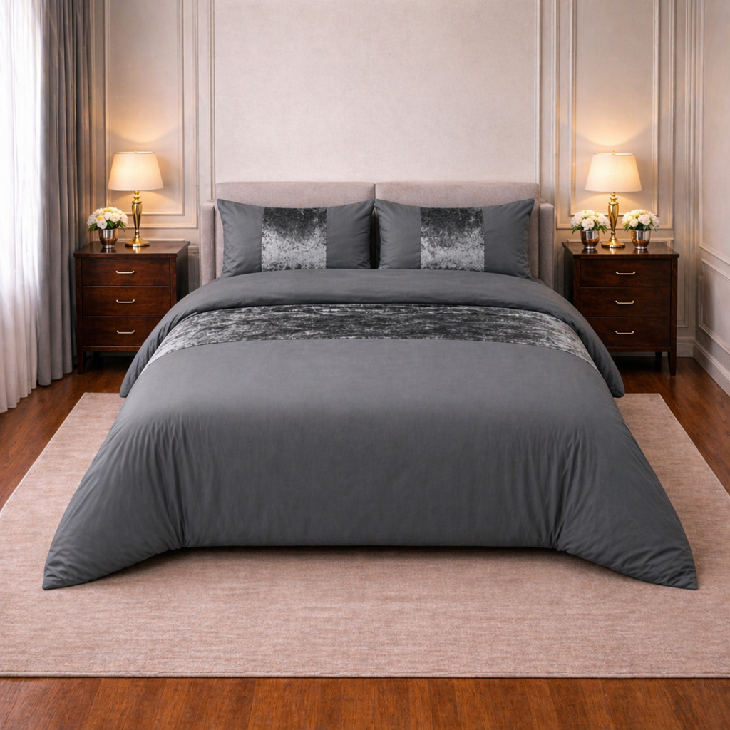 Crushed Velvet Panel Duvet Cover with Matching Pillowcases