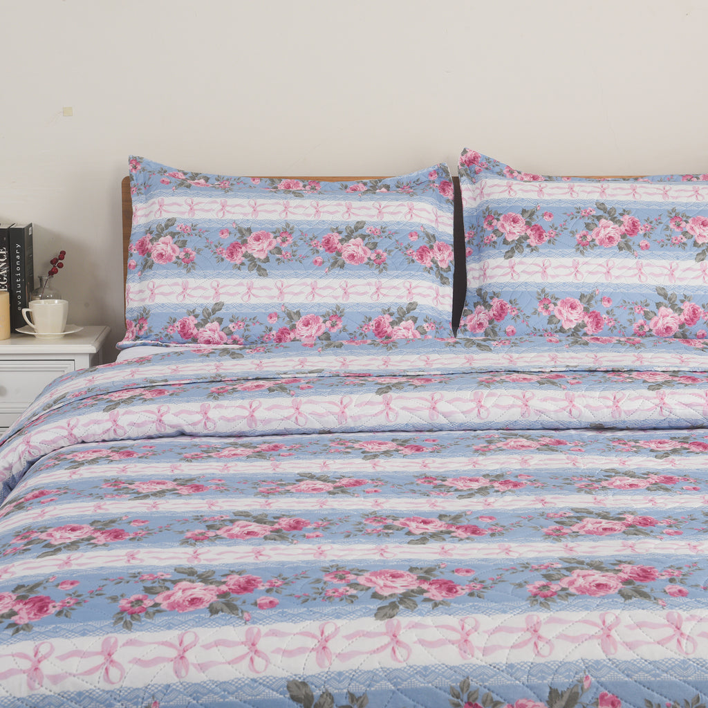 3 Piece Luxury Quilted Bedspread Set – Reversible Floral Patchwork Bedspread with Pillow Shams | Soft Microfibre Bed Throw for Double & King Size Beds