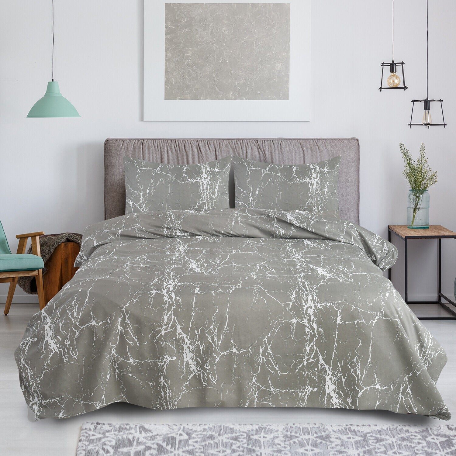 MillPrice Obsidian Marble Luxe Microfiber 4-Piece Bedding Set – Duvet Cover, Fitted Sheet & 2 Pillowcases