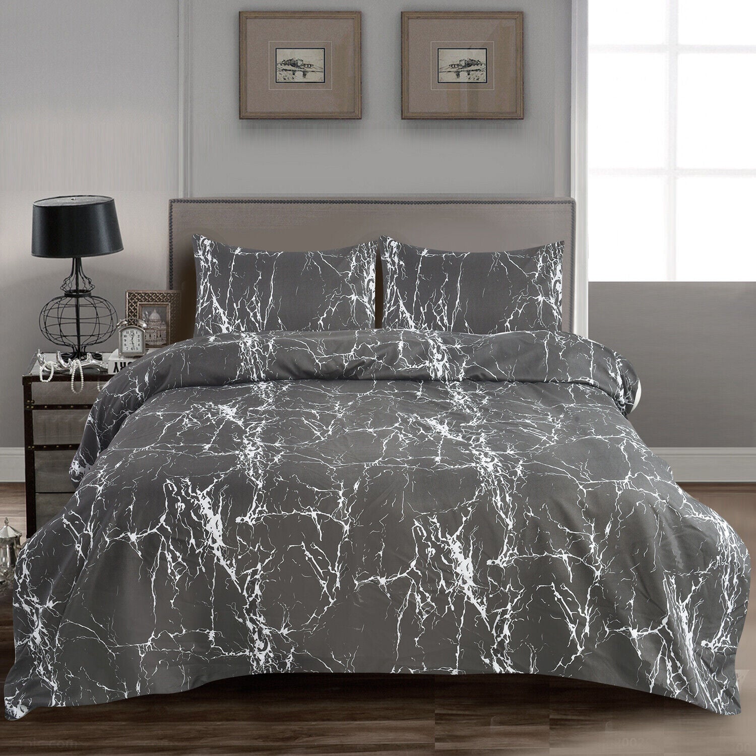 MillPrice Obsidian Marble Luxe Microfiber 4-Piece Bedding Set – Duvet Cover, Fitted Sheet & 2 Pillowcases