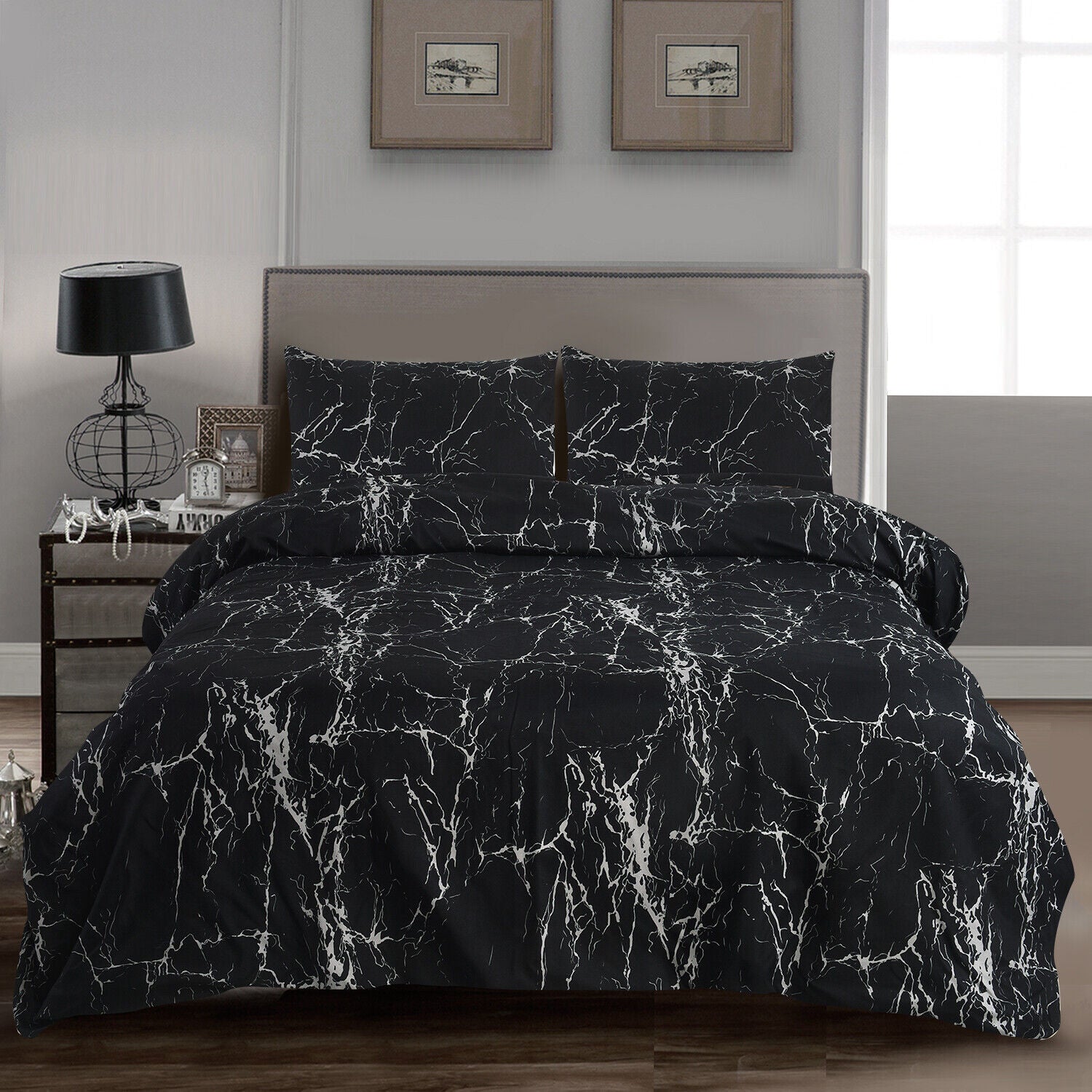 MillPrice Obsidian Marble Luxe Microfiber 4-Piece Bedding Set – Duvet Cover, Fitted Sheet & 2 Pillowcases