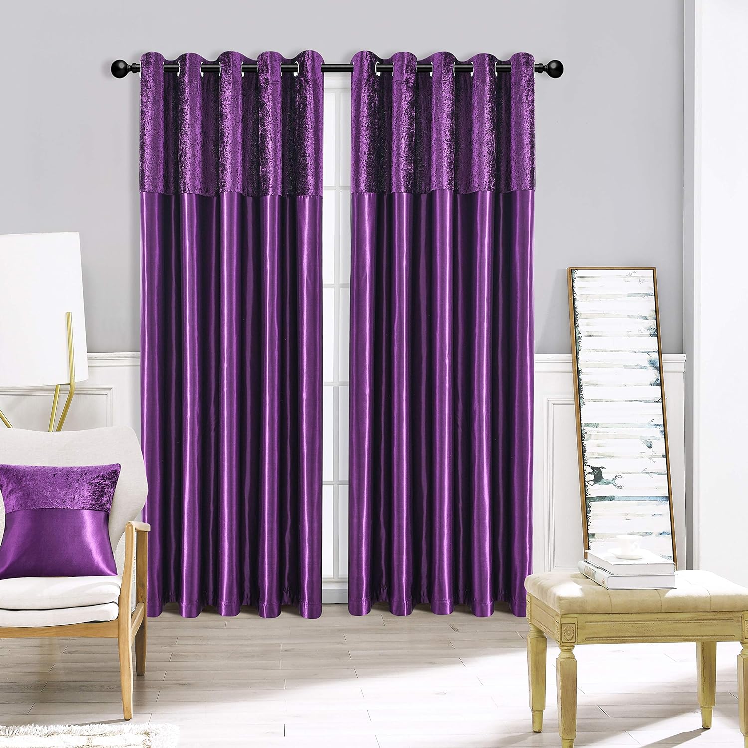 Crushed Velvet Faux Silk Curtains - Fully Lined with Eyelet Ring Top