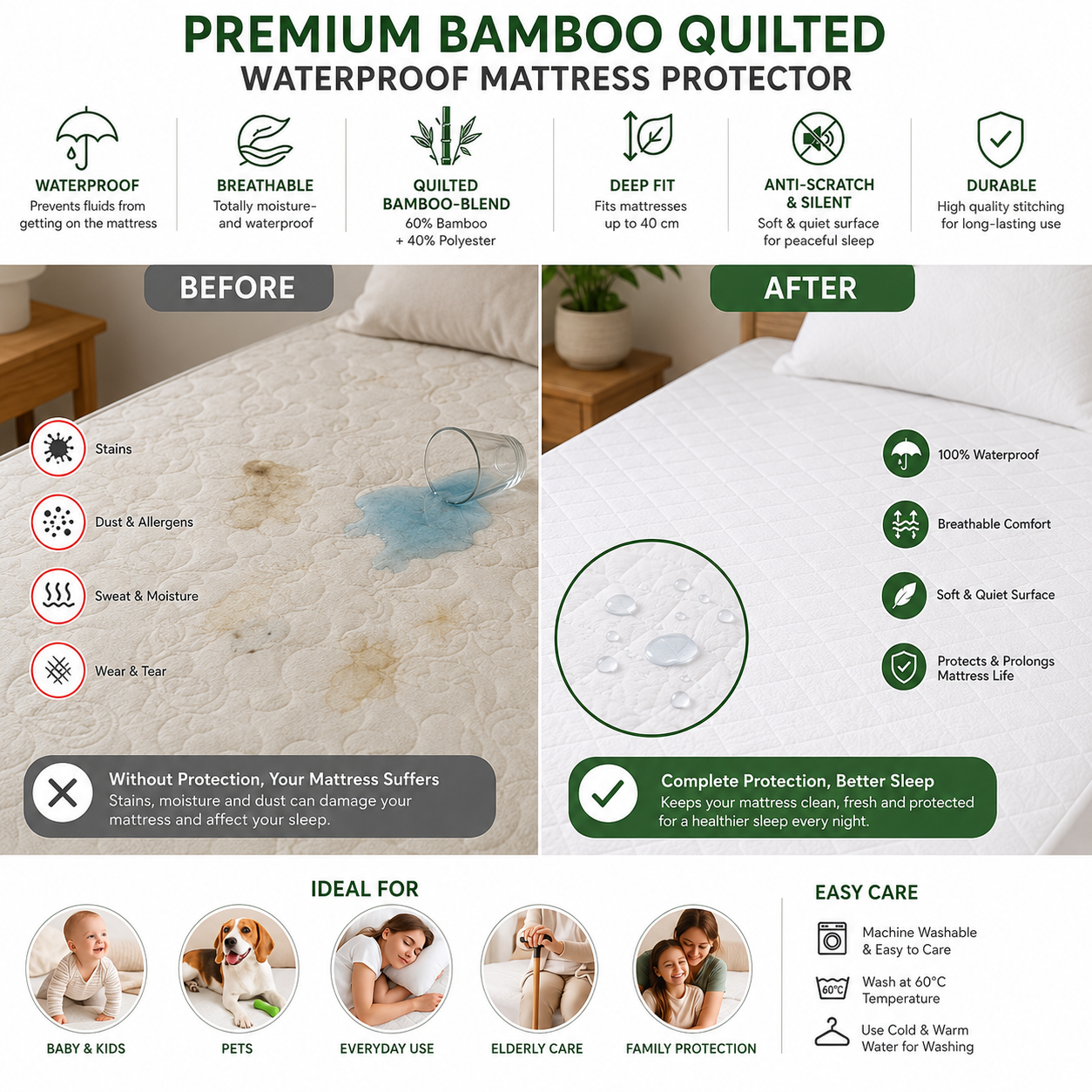 Bamboo Waterproof Mattress Protector Quilted Breathable Mattress Cover Single Double King Super King
