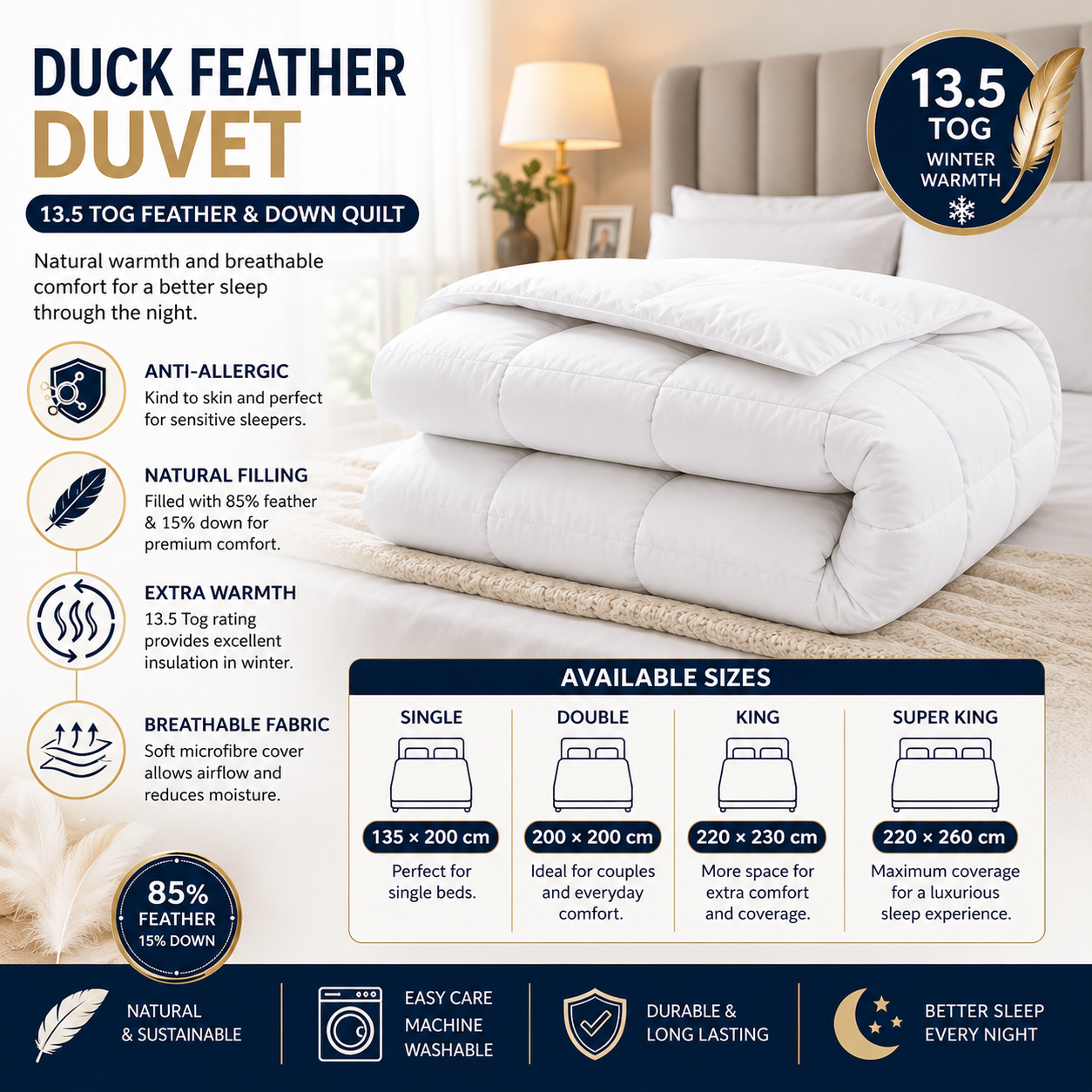 13.5 Tog Duck Feather & Down Duvet | Soft Microfibre Quilt | Warm, Breathable Winter Duvet for Single, Double, King & Super King