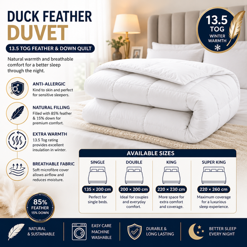 13.5 Tog Duck Feather & Down Duvet | Soft Microfibre Quilt | Warm, Breathable Winter Duvet for Single, Double, King & Super King